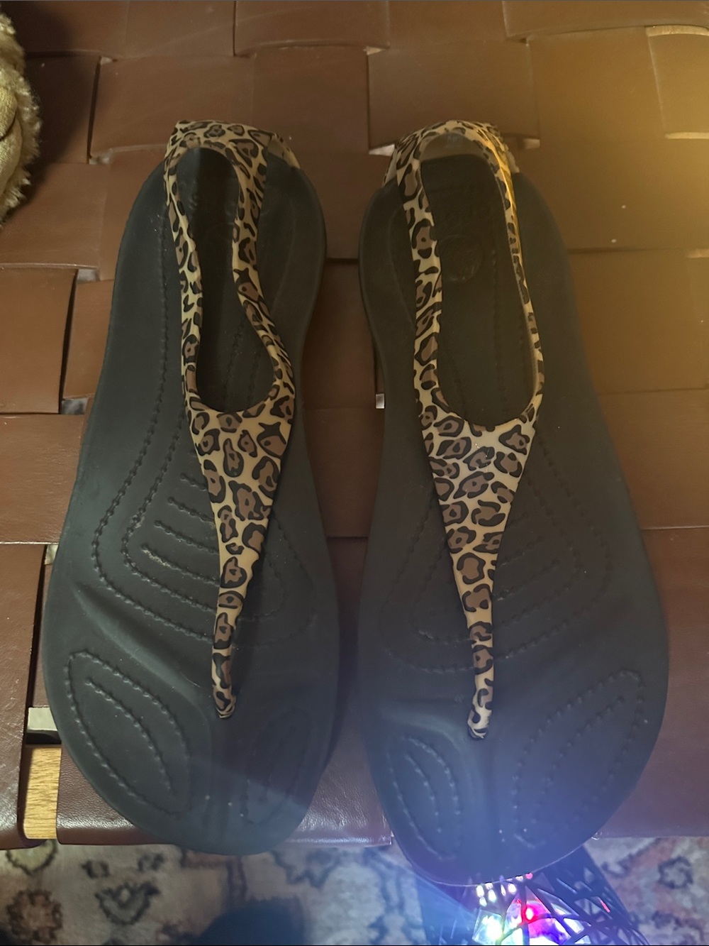 CROCS Women's Leopard Strap Black Footbed Sandals